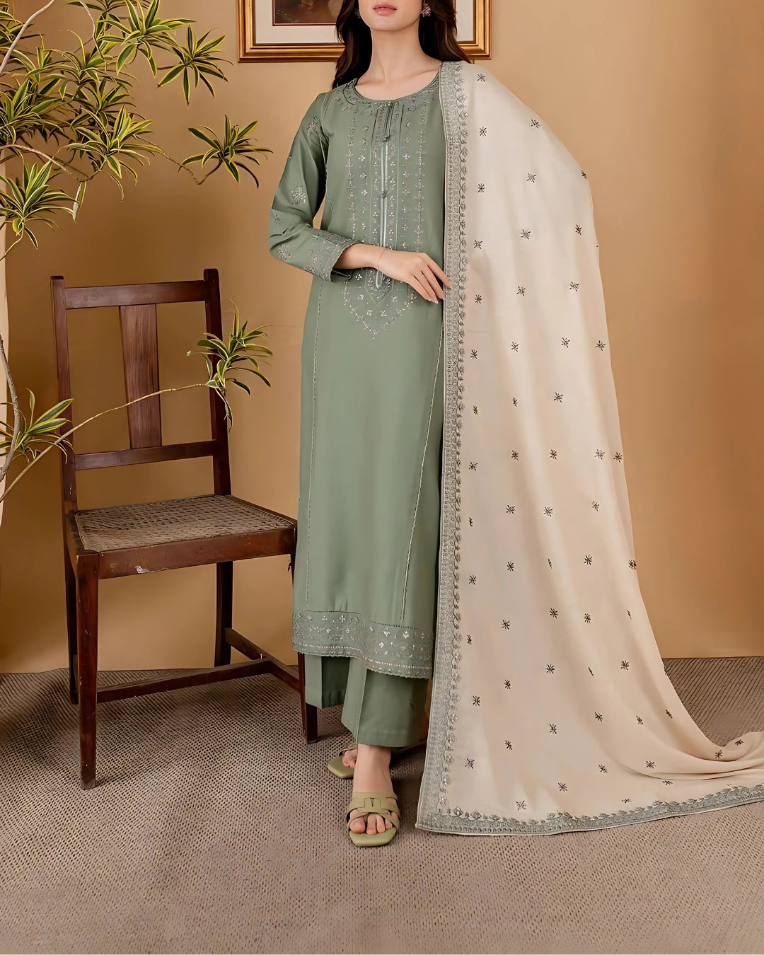 BATIK – 3PC DHANAK UNSTITCHED PRINTED & HEAVY EMBROIDERED SUIT WITH READY-TO-WEAR SHAWL