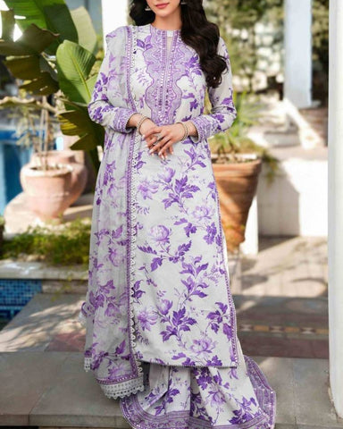 ANEELA – 3PC LINEN UNSTITCHED PRINTED SUIT WITH HEAVY EMBROIDERED PATCHES
