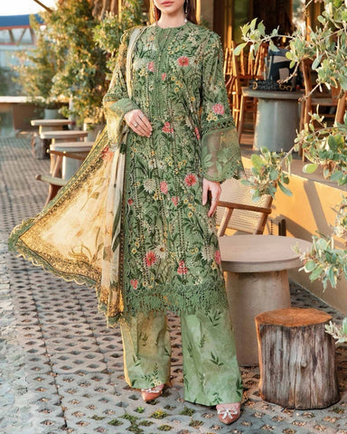 MARIA B – Premium 3PC Dhanak Suit With Heavy Chikankari & Digital Print Shawl