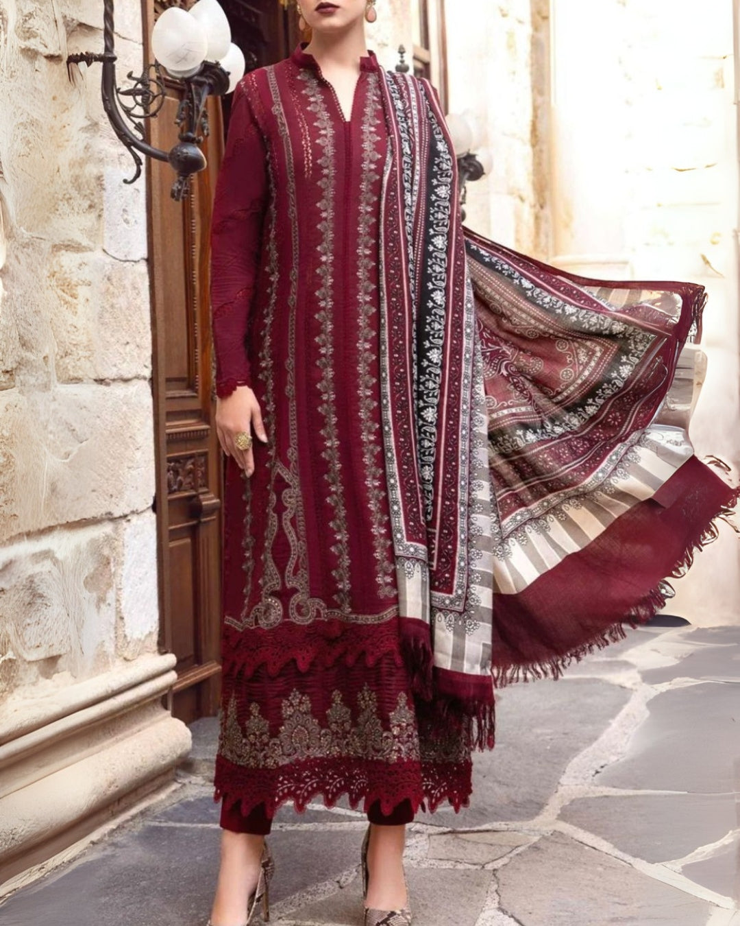 MARIA B – 3PC DHANAK UNSTITCHED EMBROIDERED SUIT WITH PASHMINA PRINTED SHAWL – 3171