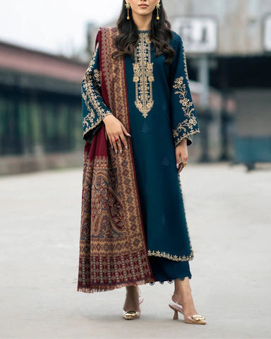 JAZMINE – 3PC DHANAK UNSTITCHED EMBROIDERED SUIT WITH DIGITAL PRINTED SHAWL