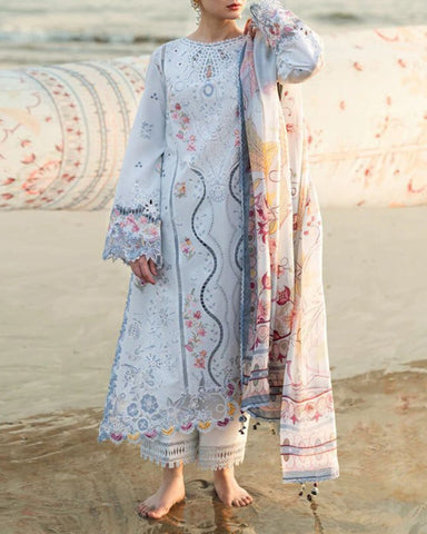 QALAMKAR – 3PC DHANAK EMBROIDERED SHIRT WITH DIGITAL PRINTED SHAWL AND TROUSE