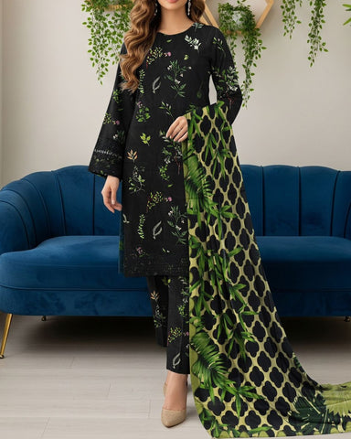 LIMELIGHT – 3PC LINEN DIGITAL PRINTED DRESS WITH EMBROIDERED PATCHES