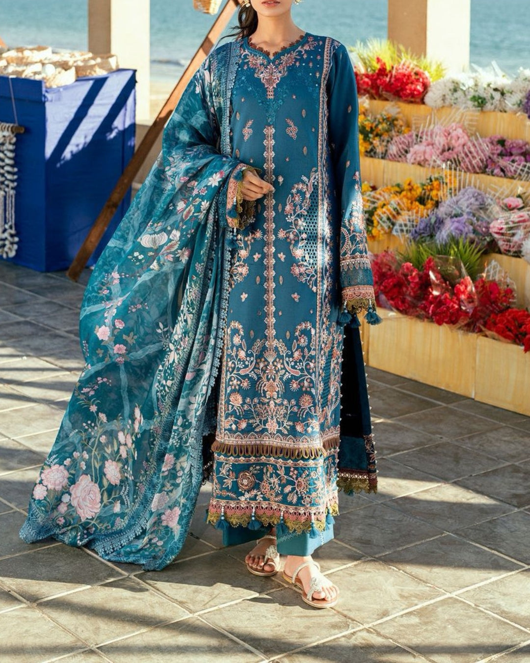 FLORENT – 3PC DHANAK UNSTITCHED EMBROIDERED SHIRT, PRINTED SHAWL AND TROUSER