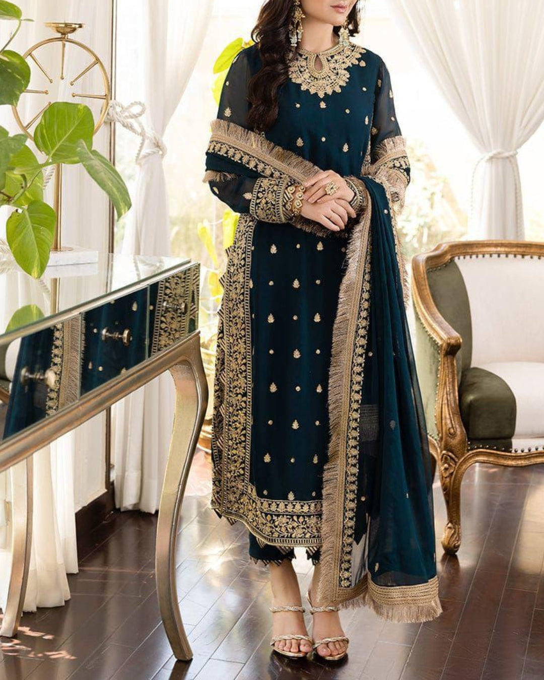 ASIM JOFA – 3PC CHIFFON UNSTITCHED EMBROIDERED SHIRT WITH DUPATTA AND SILK TROUSER