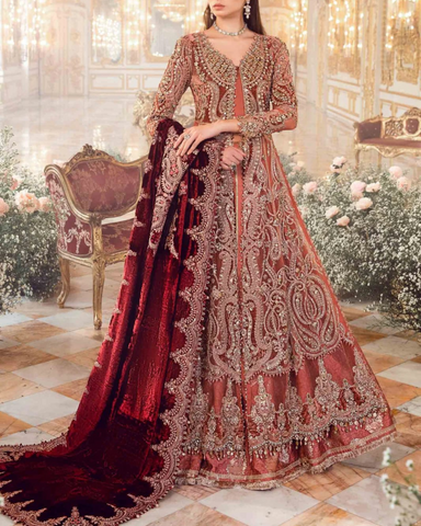 MARIA B – 3PC NET SEQUINS & HANDWORK EMBROIDERED FROCK WITH SILK TROUSER