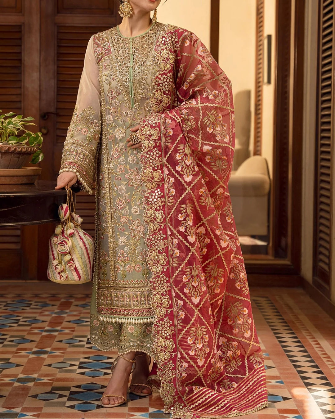 CRIMSON ORGANZA EMBROIDERED SUITS UNSTITCHED 3 PIECE - LUXURY WEDDING COLLECTION