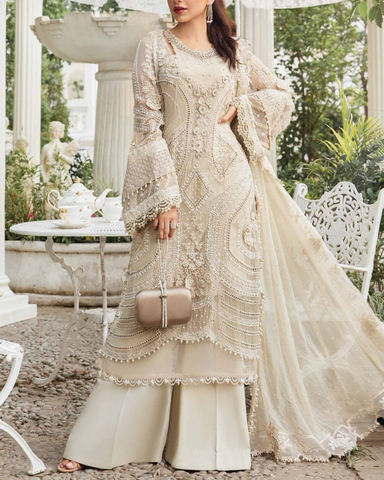 MARIA B – 3PC CHIFFON HEAVY EMBROIDERED SUIT WITH DUPATTA AND MALAI TROUSER