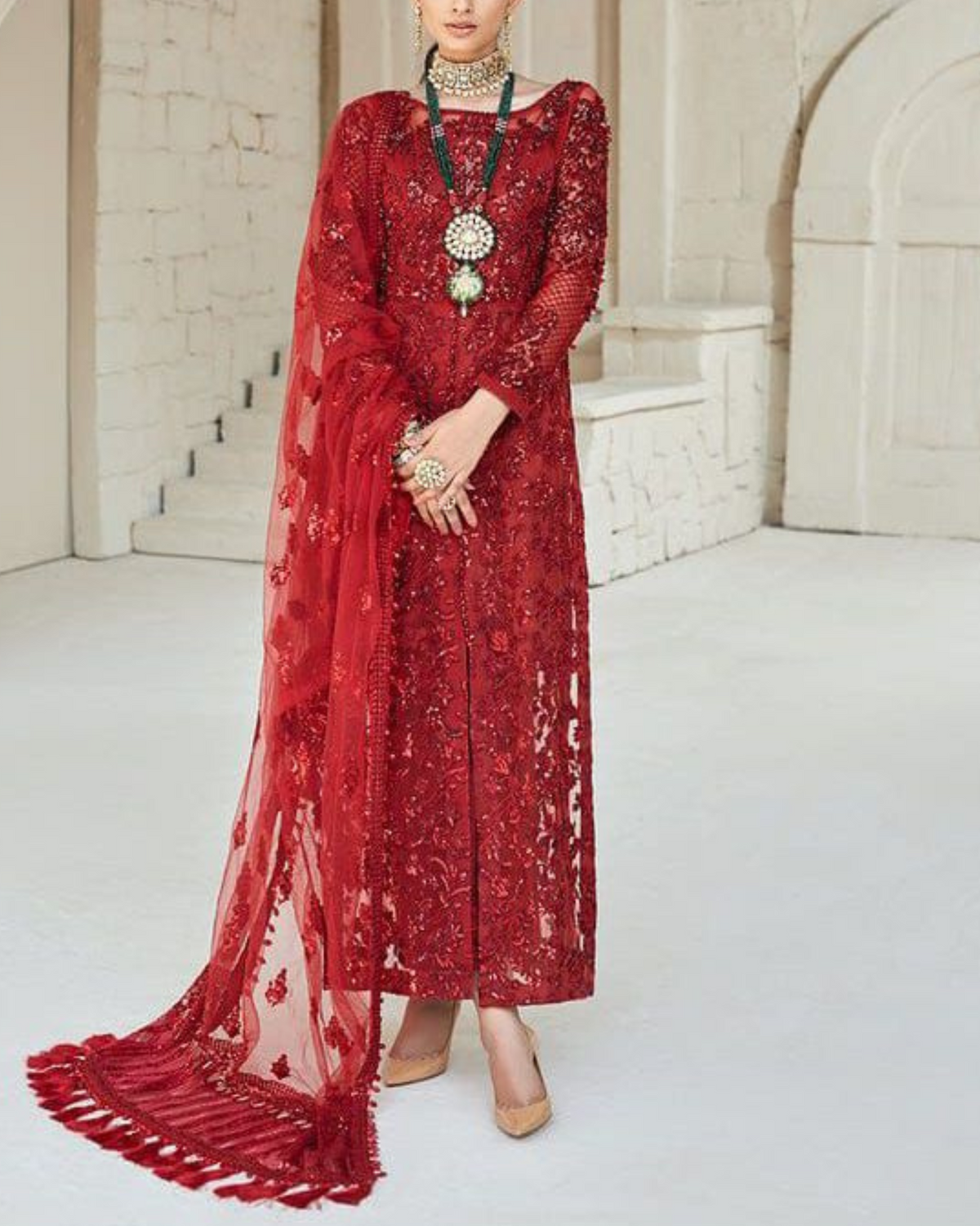 MARYAM HUSSAIN – 3PC NET SEQUINS EMBROIDERED SUIT WITH DUPATTA AND SILK TROUSER