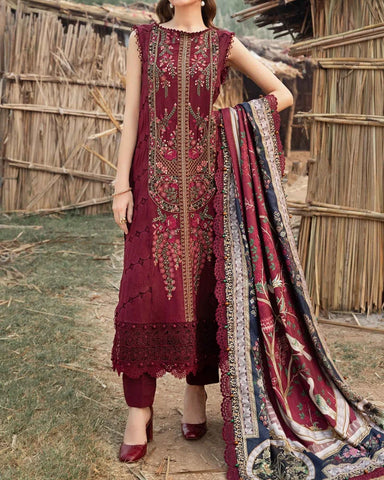 MARIA B - 3PC LAWN EMBROIDERED SHIRT WITH PRINTED DUPATTA AND LAWN TROUSER - KPR-M1