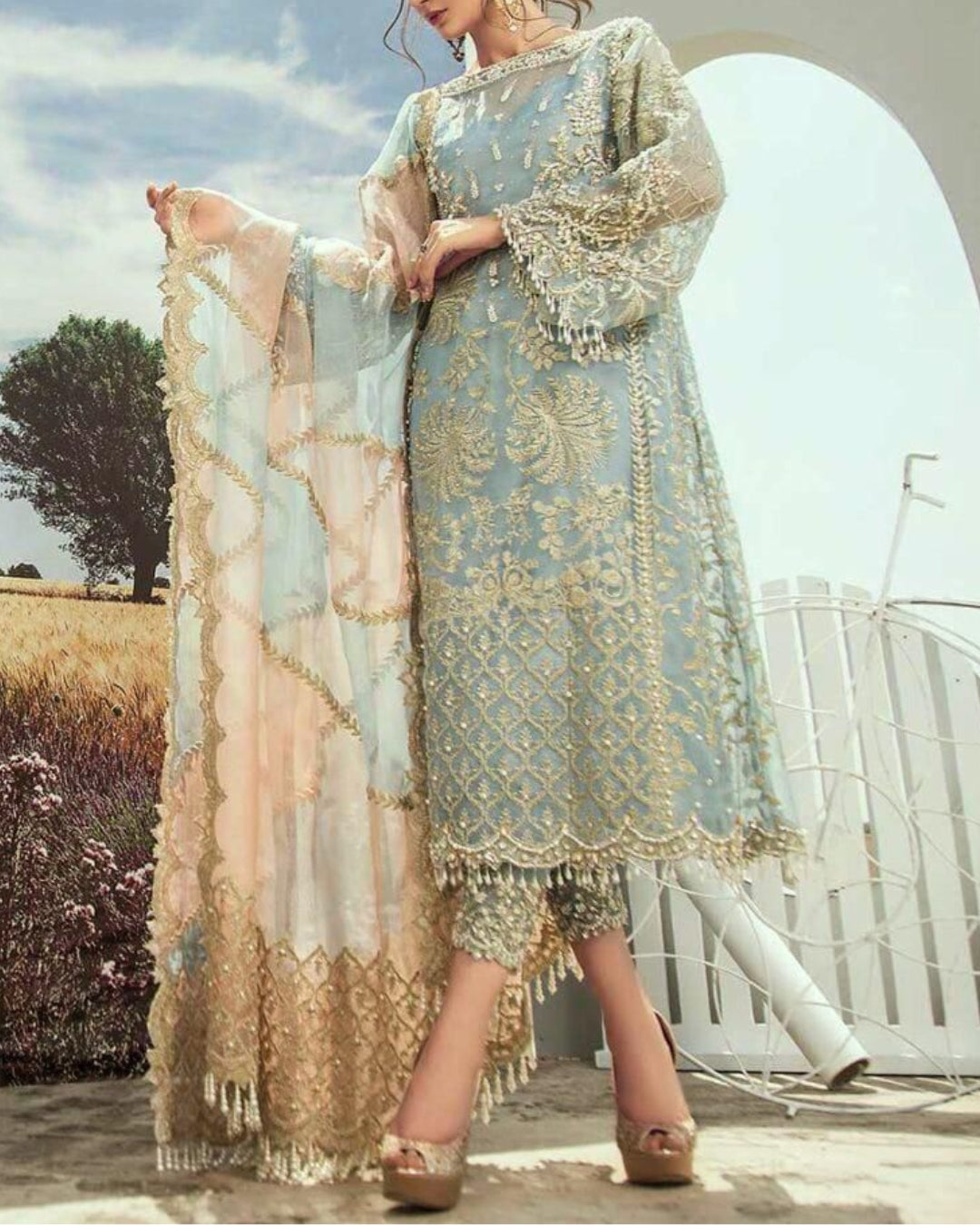 AGHA NOOR – 3PC UNSTITCHED LUXURY ORGANZA EMBROIDERED ENSEMBLE