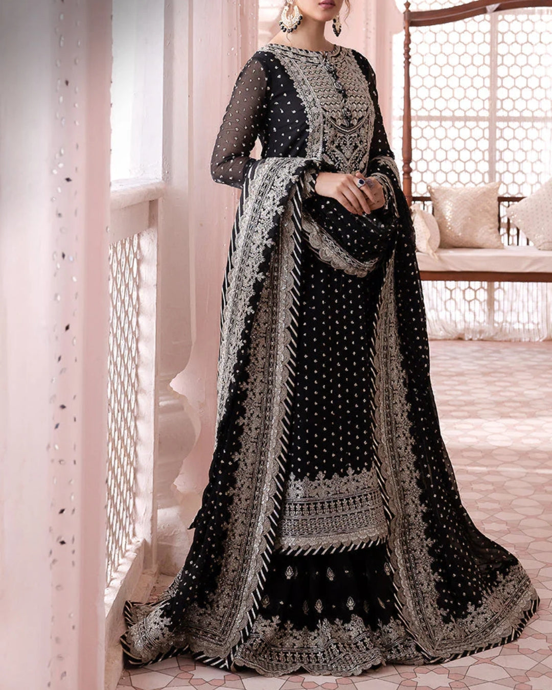 ASIM JOFA - 3PC UNSTITCHED CHIFFON EMBROIDERED WITH EMBROIDERED DUPATTA AND LEHNGA