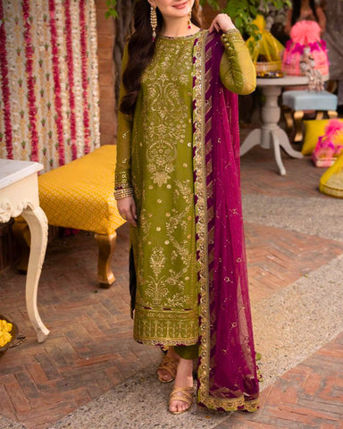 ASIM JOFA – 3PC CHIFFON SEQUINS UNSTITCHED EMBROIDERED SUIT WITH SATIN SILK TROUSER