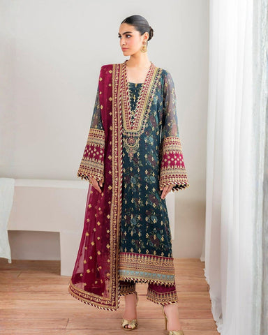 BAROQUE – 3PC CHIFFON DIGITAL PRINT & SEQUIN WORK SHIRT, DUPATTA & SILK TROUSER