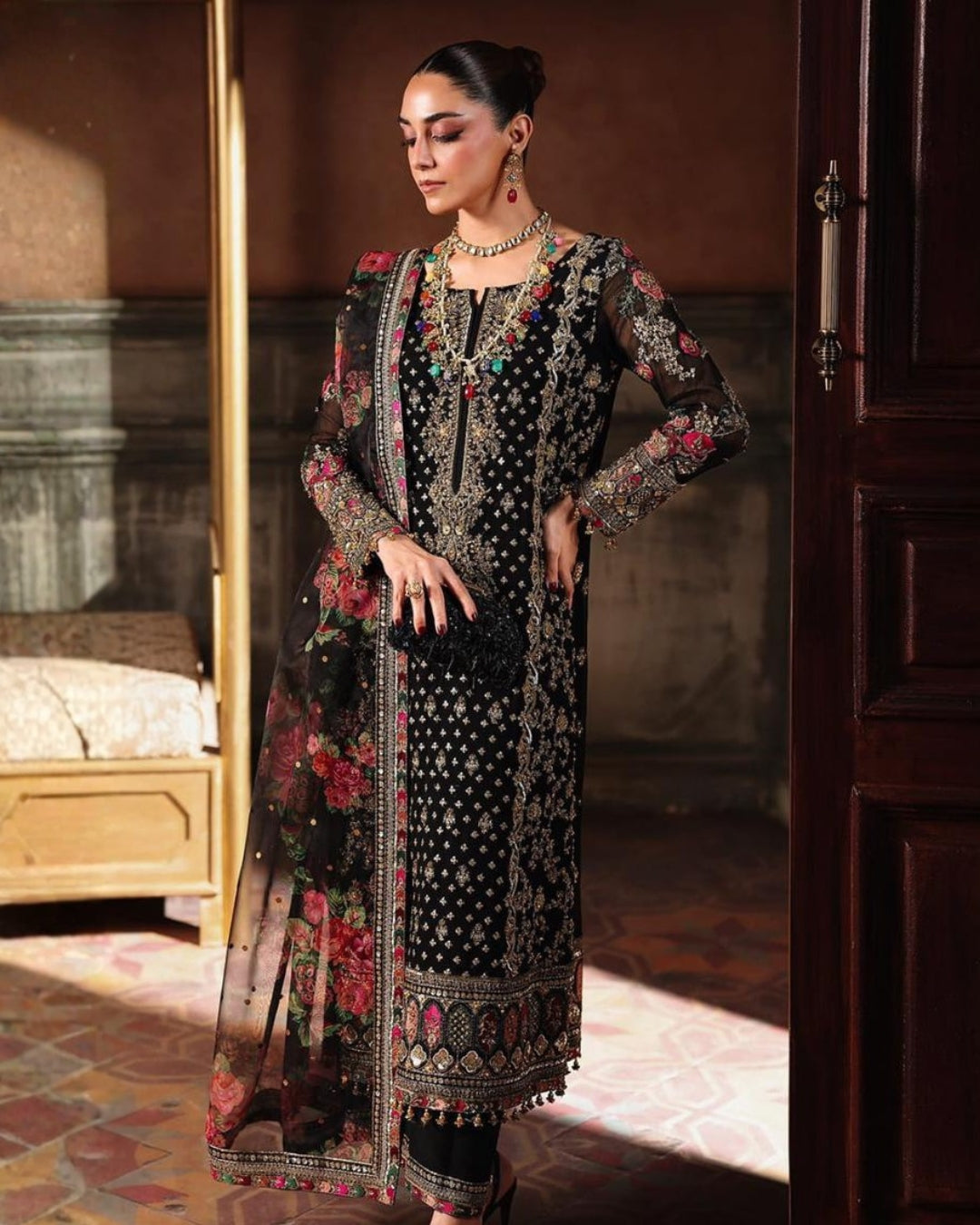 CHARIZMA – 3PC CHIFFON HEAVY EMBROIDERED SHIRT, ORGANZA DUPATTA & MALAI TROUSER