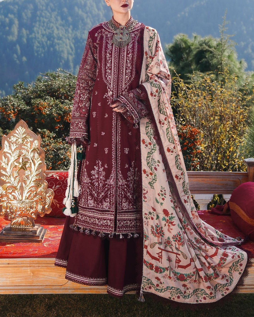 HUSSAIN REHAR – 3PC DHANAK UNSTITCHED DIGITAL PRINTED & HEAVY EMBROIDERED SUIT