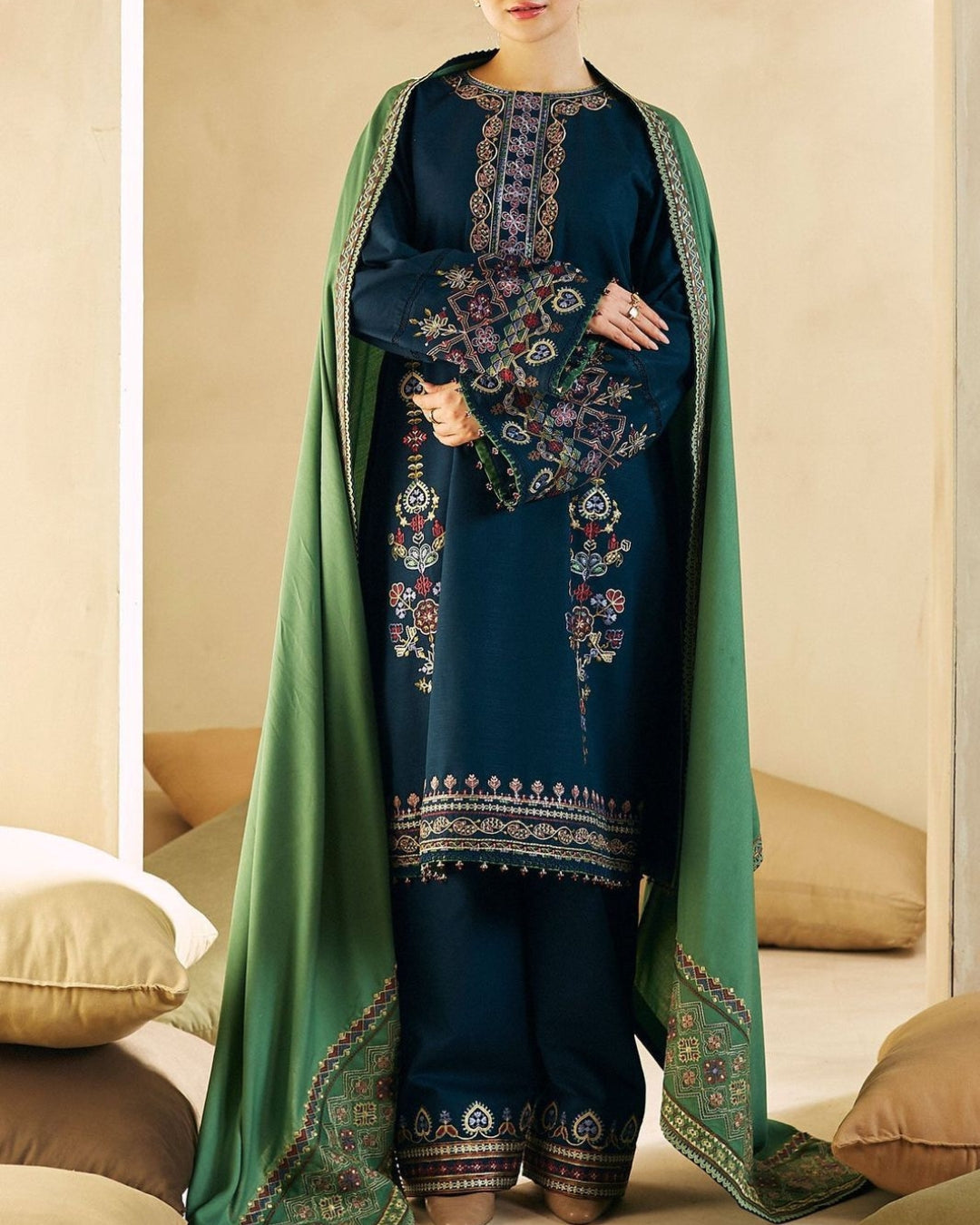 COCO BY ZARA SHAHJAHAN – 3PC DHANAK UNSTITCHED EMBROIDERED SHIRT WITH HEAVY SHAWL