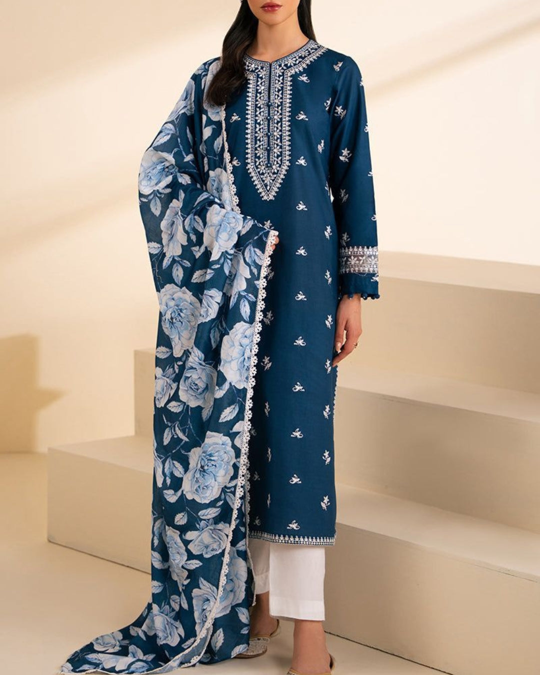 CROSS STITCH – 3PC DHANAK UNSTITCHED HEAVY EMBROIDERED SUIT WITH DIGITAL PRINTED SHAWL
