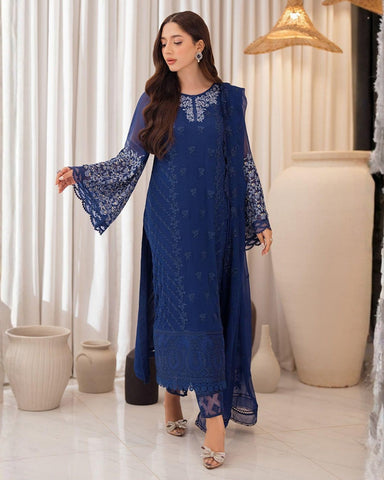 AZURE – 3PC CHIFFON EMBROIDERED SHIRT, DUPATTA & RAW SILK TROUSER – (AZURE)
