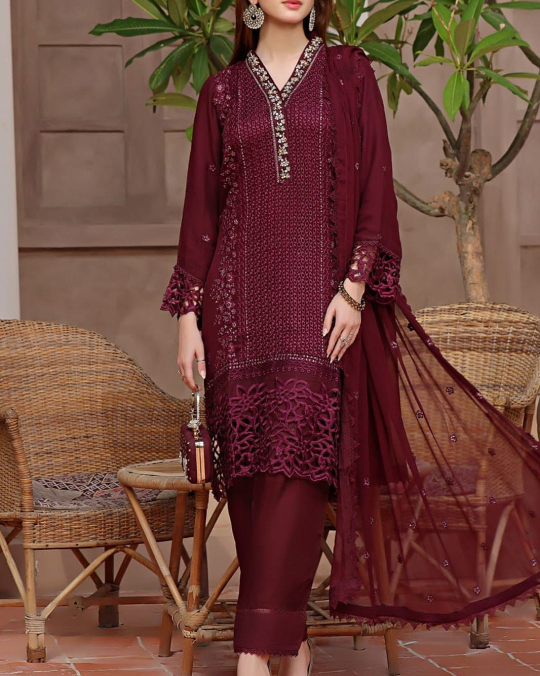 3PC CHICKANKARI UNSTITCHED EMBROIDERED SUIT WITH DUPATTA AND MALAI TROUSER