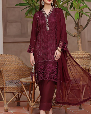 3PC CHICKANKARI UNSTITCHED EMBROIDERED SUIT WITH DUPATTA AND MALAI TROUSER