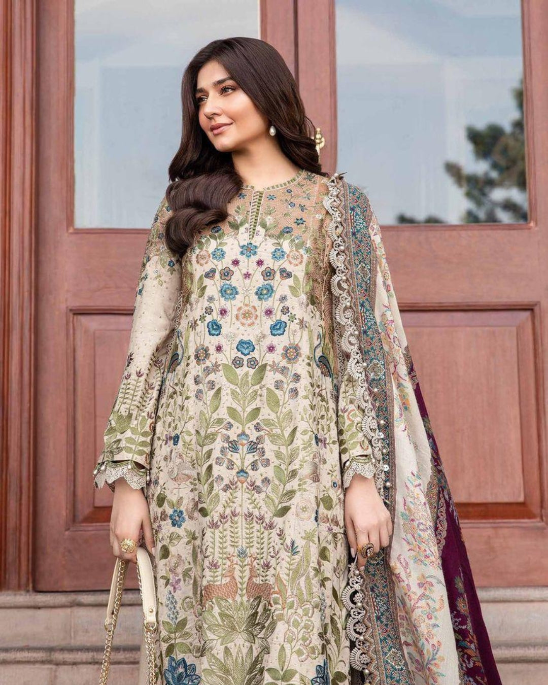 MARIA B – MPRINT LAWN COLLECTION 2025 | 3PC LAWN PRINTED SHIRT WITH EMBROIDERED CHIFFON DUPATTA AND CAMBRIC TROUSER