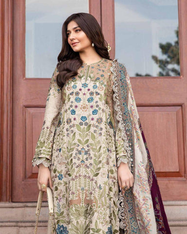 MARIA B – MPRINT LAWN COLLECTION 2025 | 3PC LAWN PRINTED SHIRT WITH EMBROIDERED CHIFFON DUPATTA AND CAMBRIC TROUSER