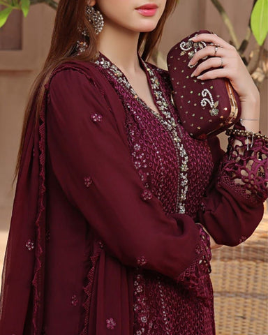3PC CHICKANKARI UNSTITCHED EMBROIDERED SUIT WITH DUPATTA AND MALAI TROUSER