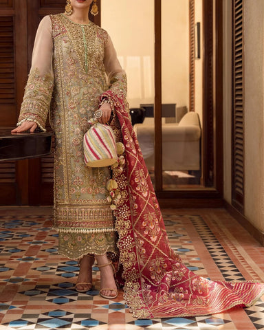 CRIMSON ORGANZA EMBROIDERED SUITS UNSTITCHED 3 PIECE - LUXURY WEDDING COLLECTION