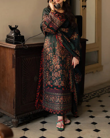 ASIM JOFA - 3PC DHANAK EMBROIDERED SHIRT WITH DHANAK EMBROIDERED SHAWL AND EMBROIDERED TROUSER
