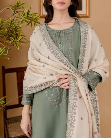 BATIK – 3PC DHANAK UNSTITCHED PRINTED & HEAVY EMBROIDERED SUIT WITH READY-TO-WEAR SHAWL