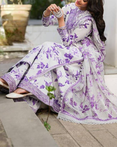 ANEELA – 3PC LINEN UNSTITCHED PRINTED SUIT WITH HEAVY EMBROIDERED PATCHES