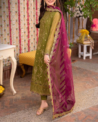 ASIM JOFA – 3PC CHIFFON SEQUINS UNSTITCHED EMBROIDERED SUIT WITH SATIN SILK TROUSER