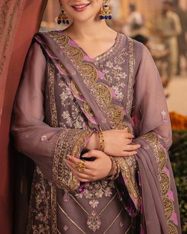 ASIM JOFA – 3PC CHIFFON ZARI, THREAD & SEQUINS EMBROIDERED SUIT WITH MALAI TROUSER