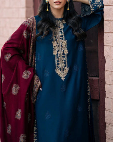 JAZMINE – 3PC DHANAK UNSTITCHED EMBROIDERED SUIT WITH DIGITAL PRINTED SHAWL
