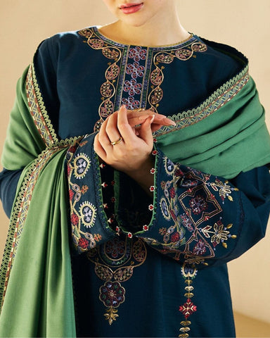 COCO BY ZARA SHAHJAHAN – 3PC DHANAK UNSTITCHED EMBROIDERED SHIRT WITH HEAVY SHAWL