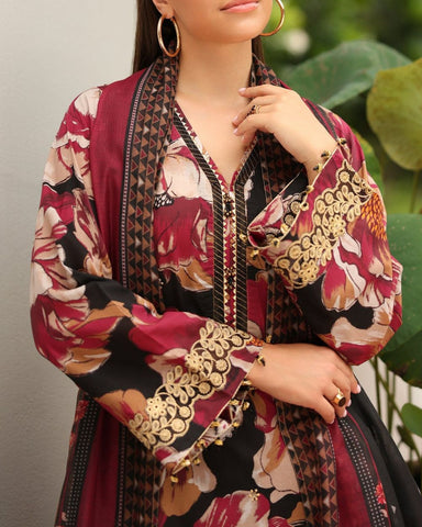 BAROQUE – 3PC KHADDAR UNSTITCHED DIGITAL PRINTED SUIT WITH HEAVY EMBROIDERED PATCHES