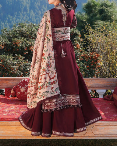 HUSSAIN REHAR – 3PC DHANAK UNSTITCHED DIGITAL PRINTED & HEAVY EMBROIDERED SUIT