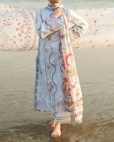 QALAMKAR – 3PC DHANAK EMBROIDERED SHIRT WITH DIGITAL PRINTED SHAWL AND TROUSE
