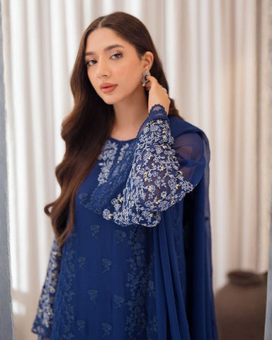 AZURE – 3PC CHIFFON EMBROIDERED SHIRT, DUPATTA & RAW SILK TROUSER – (AZURE)