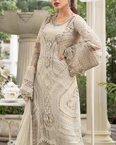 MARIA B – 3PC CHIFFON HEAVY EMBROIDERED SUIT WITH DUPATTA AND MALAI TROUSER