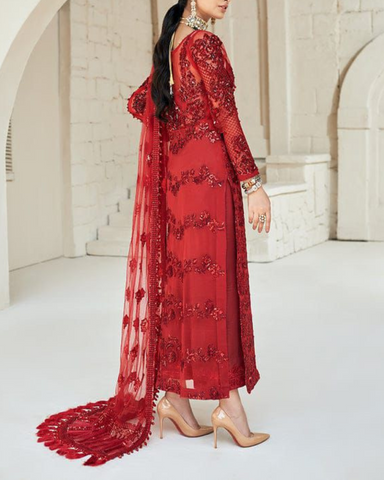 MARYAM HUSSAIN – 3PC NET SEQUINS EMBROIDERED SUIT WITH DUPATTA AND SILK TROUSER