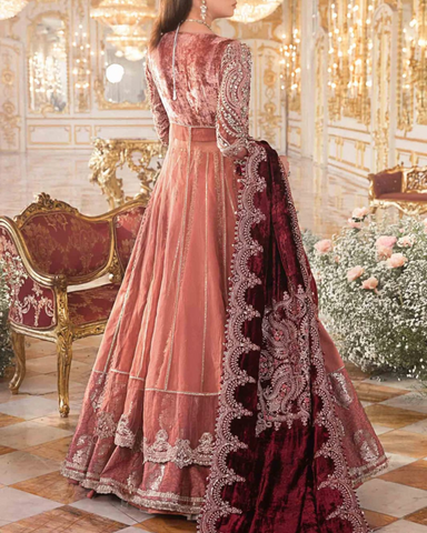MARIA B – 3PC NET SEQUINS & HANDWORK EMBROIDERED FROCK WITH SILK TROUSER
