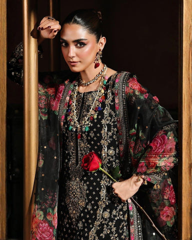 CHARIZMA – 3PC CHIFFON HEAVY EMBROIDERED SHIRT, ORGANZA DUPATTA & MALAI TROUSER