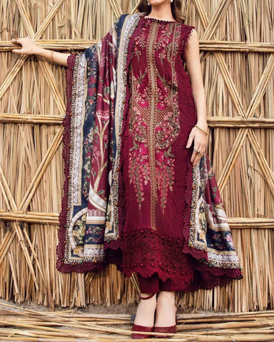 MARIA B - 3PC LAWN EMBROIDERED SHIRT WITH PRINTED DUPATTA AND LAWN TROUSER - KPR-M1